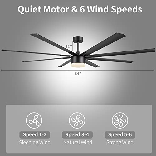 Jhhf Ceiling Fan With Lights, 84” Black Large Ceiling Fan With Remote And Wall Switch, Quiet Reversible Dc Motor, 8 Blades, 3 Light Colors Modern Industrial Ceiling Fan For Indoor And Covered Outdoor #TOP3