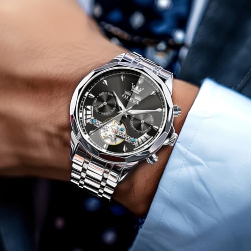 Image of OLEVS Automatic Self Winding Men's Wrist Watch Skeleton Stainless Steel Calendar Chronograph Waterproof Luminous Luxury Gift Branded Watch for Man