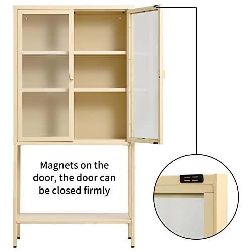 Alimorden Metal Storage Cabinet, 59"(H) X30(L), Freestanding Pantry Locker, Accent Display Bookcase With Glass Doors, Modern Organizer Cupboard For Office, Living Room, Kitchen Sideboard, Beige #TOP7