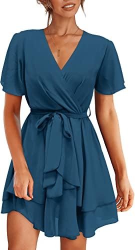 Amkoyam Women's Summer V Neck Short Sleeve Dresses 2023 Elegant Solid Tie Waist Swing Ruffle Faux Wrap Party Mini Dress(Solid Lake Blue,Small)