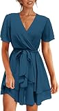 Amkoyam Women's Summer V Neck Short Sleeve Dresses 2023 Elegant Solid Tie Waist Swing Ruffle Faux Wr