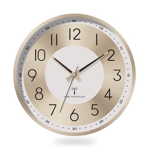 Atomic Analog Wall Clock 14 Inch Battery Operated Wall Clocks Radio Controlled Clock Sets Automatically Gold Large Wall Clock Decor Kitchen Living Room Bedroom