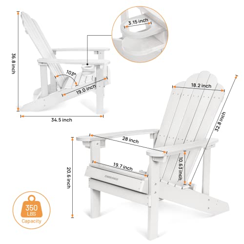 Embrange Adirondack Chair With Cup Holder, Fire Pit Chair With Wood Texture. All-Weather Poly Lumber Patio Outdoor Chairs For Garden&Pool&Home 34.5L 28W 36.8H (White) #TOP2