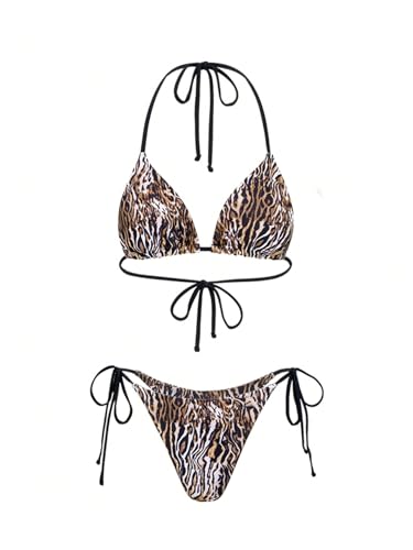 Women's 3 Piece Leopard Print String Bikini Set High Cut Halter Triangle Swimsuits with Coverup Skirts4