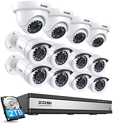 ZOSI 1080p 16 Channel Security Camera System, H.265+ 16 Channel DVR with Hard Drive 2TB and 12 x 2MP Weatherproof Surveillance CCTV Bullet Dome Camera Outdoor Indoor, 80ft Night Vision, 90° View Angle