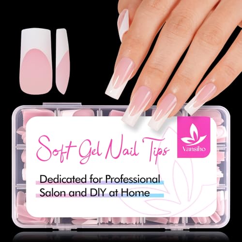 Vansiho French Tip Press on Nails, Long Square Gel Fake Nails 150Pcs in Box | 15 Sizes Pink Fake Nail Tips, False Nails Salon DIY at Home Gifts For Women
