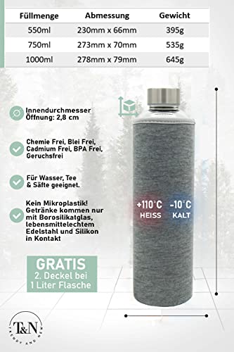 Glasflasche 1 l T&N iter Trinkflasche aus Borosilikatglas für Getränke