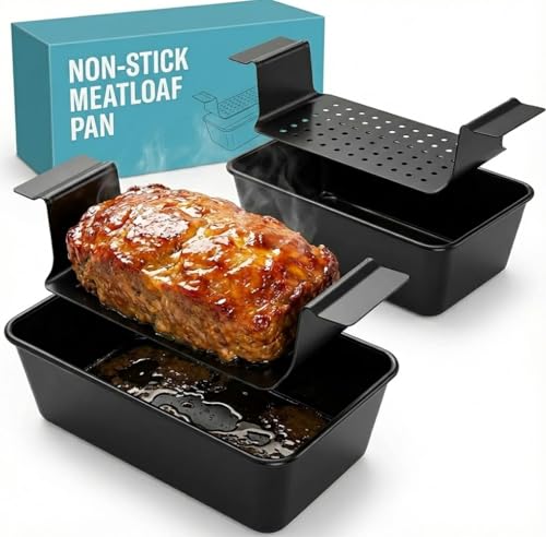 Spmarkt Non-Stick Meatloaf Pan Set with Drain Tray (2-Pack) - Healthy Grease-Free Baking - Heavy Duty PTFE Steel Meat Loaf Pans with Insert for Oven, Easy Release & Clean, Ideal Gift