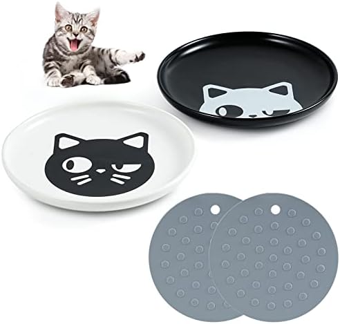 Kitwinney Cat Bowls, 2 Pack 6" Ceramic Cat Food Water Bowl with Nonslip Mats, Whisker Friendly Wide, Shallow Pet Feeding Dishes or Plates for Cats, Kitten and Small Dogs, Dishwasher Safe (Color1)