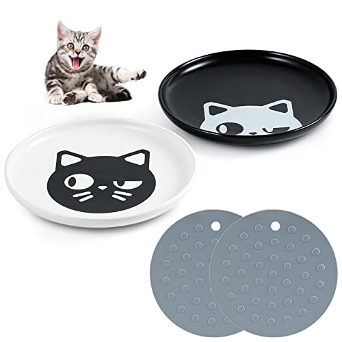Kitwinney Cat Bowls, 2 Pack 6" Ceramic Cat Food Water Bowl With Nonslip Mats, Whisker Friendly Wide, Shallow Pet Feeding Dishes Or Plates For Cats, Kitten And Small Dogs, Dishwasher Safe (Color1) #TOP14