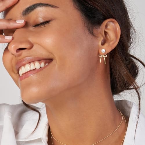 Gold Pearl Earrings for Women: Trendy Bow Earrings, 14k Gold Plated, Dainty Drop Pearl, Hypoallergenic Studs, Sparkly Diamond Hoops3