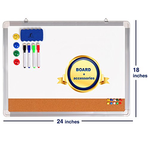 Whiteboard Bulletin Board Set - Dry Erase/Cork Board 24 X 18" With 1 Magnetic Eraser, 4 Dry Wipe Markers, 4 Magnets And 10 Pins - Small Wall Hanging Notice White Tack Board For Home And Office #TOP1