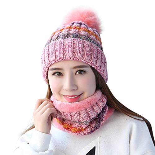 Home Prefer Womens Knitted Pompon Hat with Scarf Set Sherpa Lined Winter Beanie Cap Pink