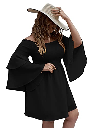 SOLY HUX Women's Plus Size Off Shoulder Long Sleeve Shirred Ruffle A Line Dress3