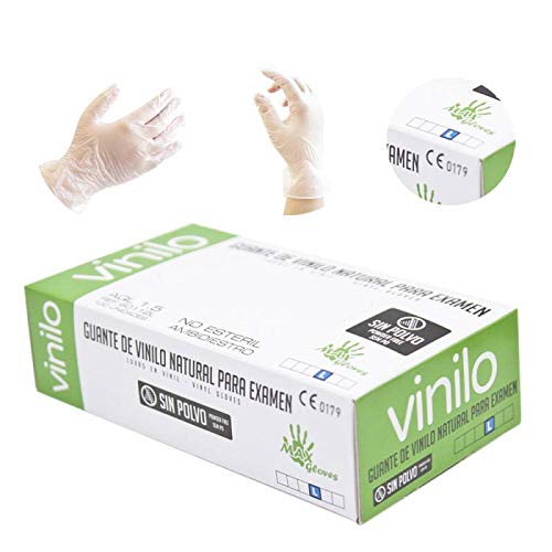 Caja 100 Guantes Vinilo Desechables Talla L Transparentes (50 pares) Sin Polvo AQL 1-5 CE