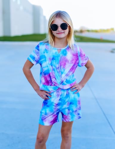 Image of Arshiner Girls Summer 2 Piece Outfits Tie Dye Short Sets Casual Twist Front Short Sleeve Tops and Pant with Pockets