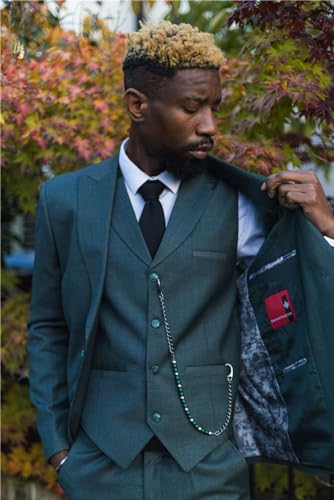 Mens Classic 3 Piece Suit Olive Green Pocket Chain Wedding Tailored Fit Vintage Formal3