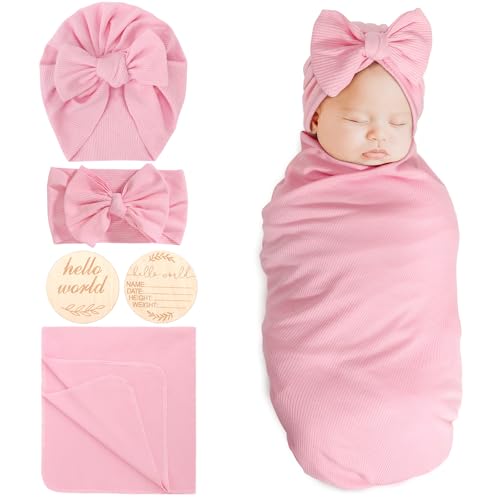 Image of DRESHOW BQUBO Baby Girl Newborn Receiving Blankets with Bow Hat Headband Wooden Birth Announcement Card Set Newborn Baby Swaddle Wrap Set Warm Shower Gift