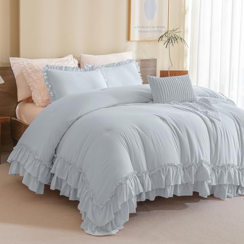 Image of Queen's House Light Blue Ruffled Comforter Set Queen Size, Lightweight Microfiber Inner Fill Fluffy Country Rustic Coquette Bedding
