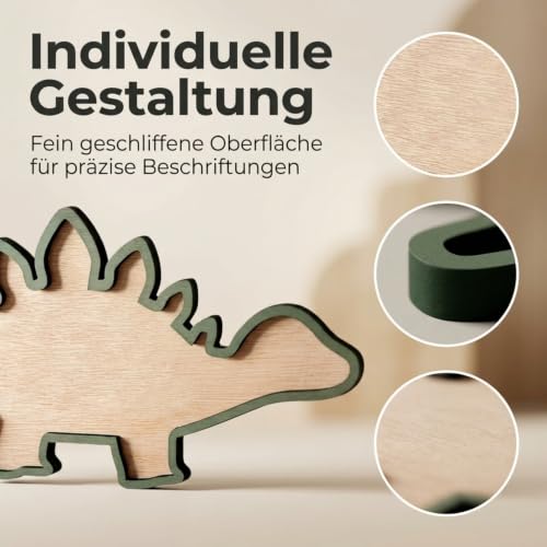 IUSOT Dino Türschild Holz Wanddeko - Robuste 0,6 cm Dicke Stegosaurus Schild Beschreibbar für Namensschild Zimmer DIY Basteln Dinosaurier Dekoration Pension Geschäft 28 x 13 cm