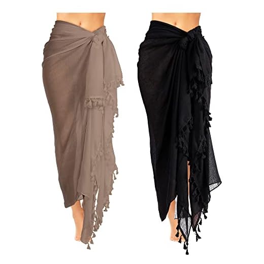 2 Cache-Maillots de Plage Sarongs Longs à Batik Paréo à Gland (Noir, Kaki, XL)