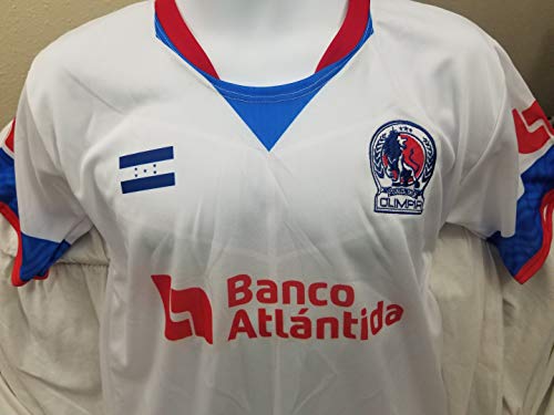 Olimpia Los Leones de Honduras Camisa Blanca con 35 Titulos Logo Bordado y Bandera de Honduras en Tela (X-Large)