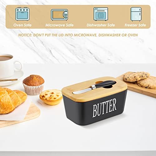 Hossejoy Large Butter Dish with Lid and Knife, European Size Porcelain Butter Container Designed with Double Silicone Seals, Ceramic Butter Box, Perfect for Butter, Nuts, Cheese, 650ml (Black)