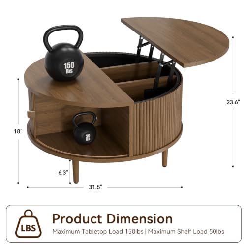 Image of Round Lift Top Coffee Table, 31.5 Inch Mid Century Modern Center Table with Hidden Storage & Sliding Door, Fluted Walnut Drum Table for Living Room