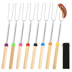 Grillspieße Edelstahl 8 Stück，Teleskop Stockbrot Spieße mit Isolierten Griffen, 31-81cm Lagerfeuer Spieße Lang, für Camping Grill BBQ Gartenparty