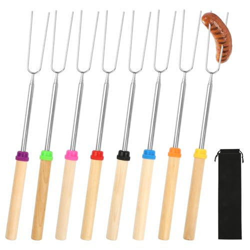 Grillspieße Edelstahl 8 Stück，Teleskop Stockbrot Spieße mit Isolierten Griffen, 31-81cm Lagerfeuer Spieße Lang,für Camping Grill BBQ Gartenparty