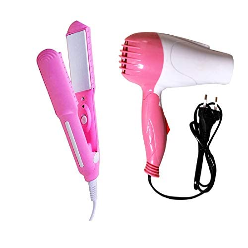 Nirvani COMBO of NV-1290 Hair Dryer Foldable Hair Dryer with 2 Speed Setting 1000 WATT Portable Hair Dryer (pink) AND SX-8006 Professional Ceramic Plate Hair Straightener (Multicolor)