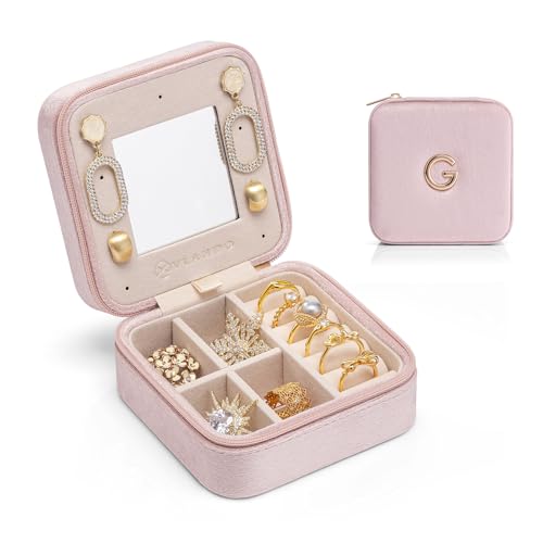 Vlando Small Travel Jewelry Box Organizer Display Case for Rings Earrings Necklaces Storage, Selected Soft Velvet, Letter G Engraved, Pink