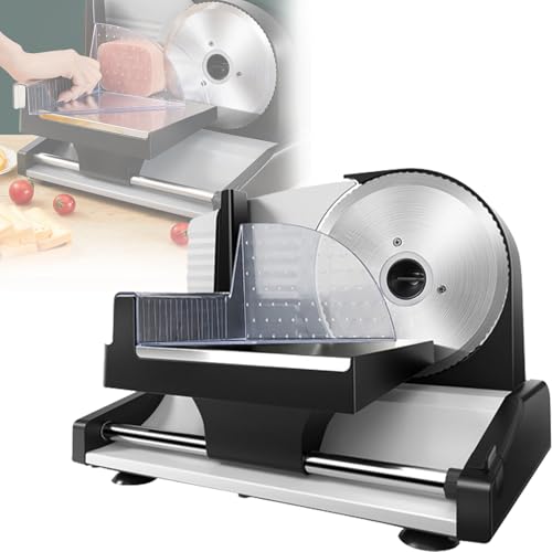 Cortadora De Fiambre, Cortafiambres Eléctrico De 200W, Espesor Ajustable De 0 a 15mm, Cuchillas De Acero Inoxidable Removibles De 19cm Y Pies De Succión Para Carne, Jamon, Pan, Verduras, Frutas