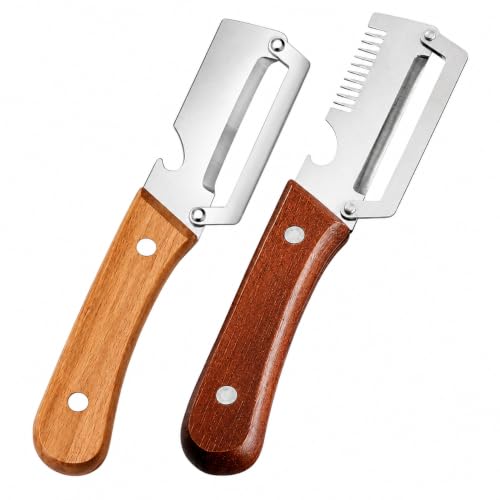 Image of 2-Piece Vegetable Peeler Set with Wooden Handles, Stainless Steel Swivel Peeler and Julienne Slicer with Bottle Opener for Potatoes, Carrots and Cucumbers