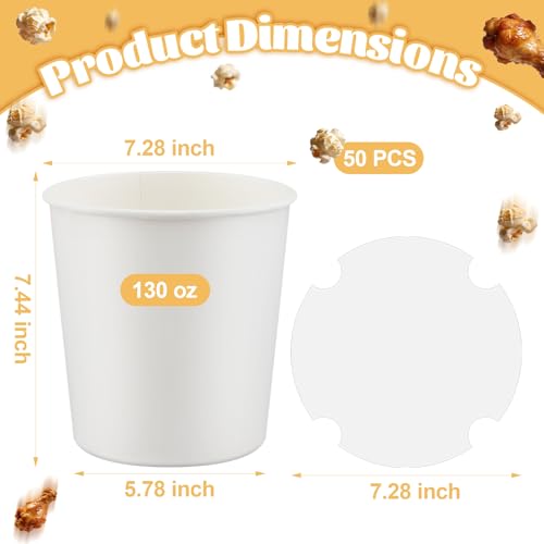 ARQRHTLY 50 PCS 130 oz Disposable Paper Popcorn Buckets with Paper Lids, Large White Blank Popcorn Buckets Food Snack Containers for Parties, Movie Night, Carnival, DIY Crafts, Snacks and Treats by ARQRHTLY - Used condition - Image 2