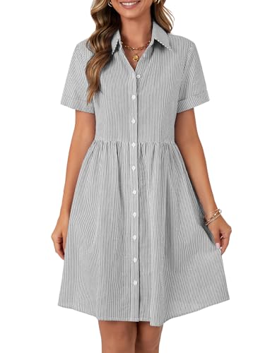 Image of Rooscier Women's Striped Shirt Dress Button Down Collared Short Sleeve Mini Dress