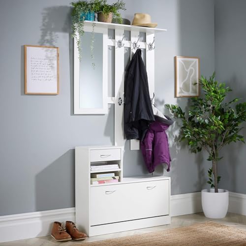 Home Source Wall Mounted 6 Hook Coat Rack with Mirror, Shoe Storage Bench and Drawer, White