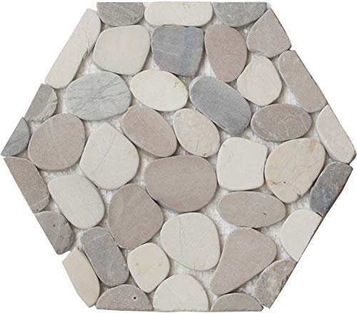 Interlocking Hexagon Pebble Floor Tiles (5-Pack) Kitchen, Bathroom, and Patio Flooring | Indoor and Outdoor Use | Natural Bali Cloud Stones | Quick and Easy Grout Installation