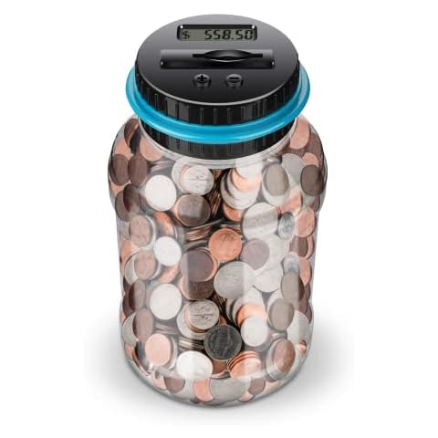 Digital Coin Counter Machine Coin Piggy Bank Saving Jar, Automatic Counting Coin Bank with LCD Display 1.8 L Large Capacity Money Saving Box Designed for All UK Coins Blue Cover