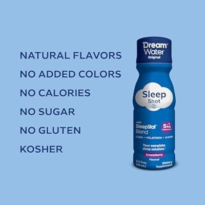 Dream Water Sleep Aid Supplement Drink; Melatonin 5mg, GABA, 5-HTP; Zero Sugar, Natural Flavors, No Added Colors, 2.5 oz Liquid Sleep Shots, Snoozeberry, 4-Count