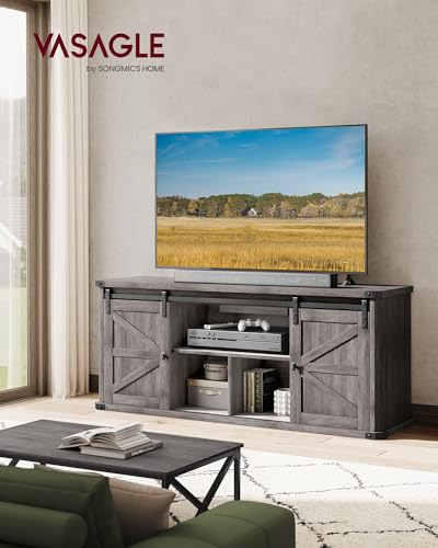 Farmhouse TV Stand for 65 Inch TVs with Sliding Barn Doors - Misty Gray