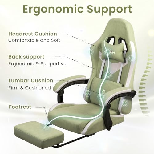 Image of N-GEN GAMING Video Gaming Chair Office Computer Desk Use Ergonomic Reclining Backrest Adjustable Armrests Lumbar Support Footrest High Density Foam Breathable Fabric Heavy Duty Base (Green)