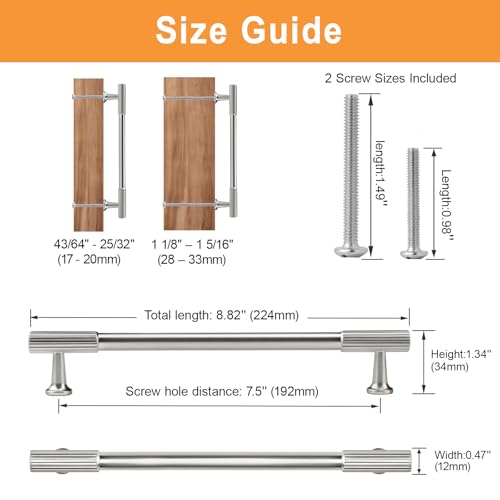VEHCIL 20 Pack Cabinet Handles and Knobs, Kitchen Drawer Dresser Pulls, Cabinet Hardware for Cupboard Furniture, Solid Zinc Alloy, Brushed Nickel, 7.5" Hole Centers — view 2