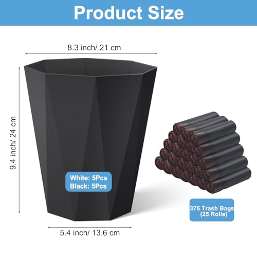 Image of 10Pack Office Trash Can with 375 Counts / 25Rolls Trash Bags, 1.8 Gallons Small Trash Can Bulk for Bathroom, Small Bathroom Garbage Can for Bathroom, Bedroom, Office, Kitchen (5White, 5Black)