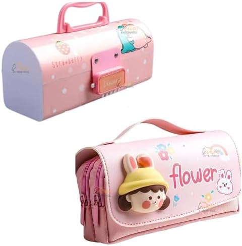 Pencil case Style Password Lock Multi-Layer Pencil Box & 3D EVA Pencil Case Pouch for Boys Girls(Dinosuar Pink P.Box+Flower Pouch)