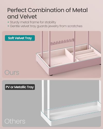 Image of SONGMICS Necklace Holder, Jewelry Stand Holder Organizer, Jewelry Display with Metal Frame, Velvet Tray, Earring Bracelet Holder, for Gift Idea, 4.5 x 7.7 x 12.1 inch, Jelly Pink UJJS021R01