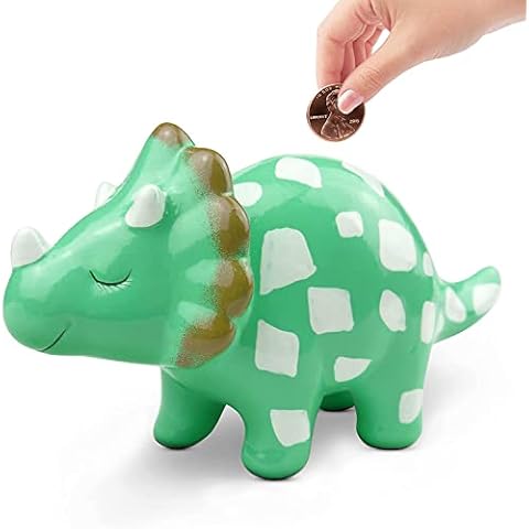 Solfres Ceramic Dinosaur Piggy Bank for Kids, Keepsake Ceramic Money Box for Boys & Girs, Green Triceratops, Nursery Décor Cover