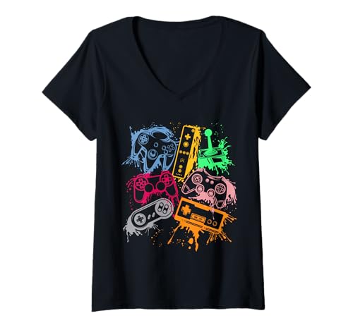 Femme Manettes de console de jeu vidéo rétro des années 80 et 90 T-Shirt avec Col en V