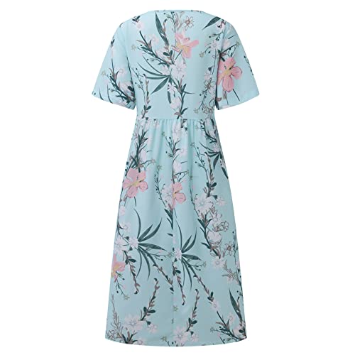 Women Dress, Floral Dress White Sparkly Wedding Size 8 Women's Summer Casual Fashion Printed Short Sleeve 2022 O-Neck Pocket Dress Casual Print Short Crewneck Dress Skirts J Crew (Xl, Blue) #TOP3