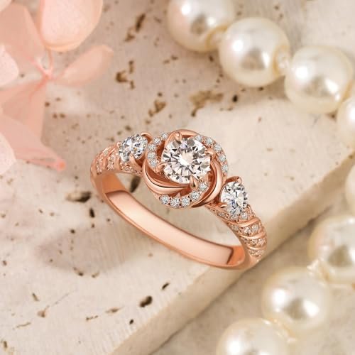 Image of Jeulia Moissanite Engagement Ring for Women | Classic Solitaire Halo Rose Gold Flower Promise Ring | Round Cut Eternity Wedding Band | 925 Sterling Silver Jewelry with Gift Box and GRA Certificate